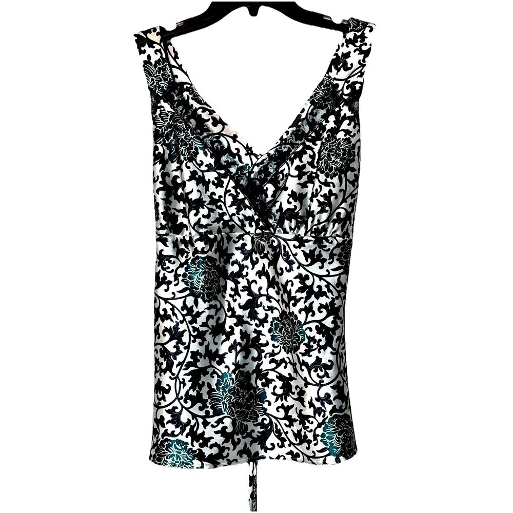 Apostrophe Satin Lace Cami Y2K V Neck Floral Black Green M